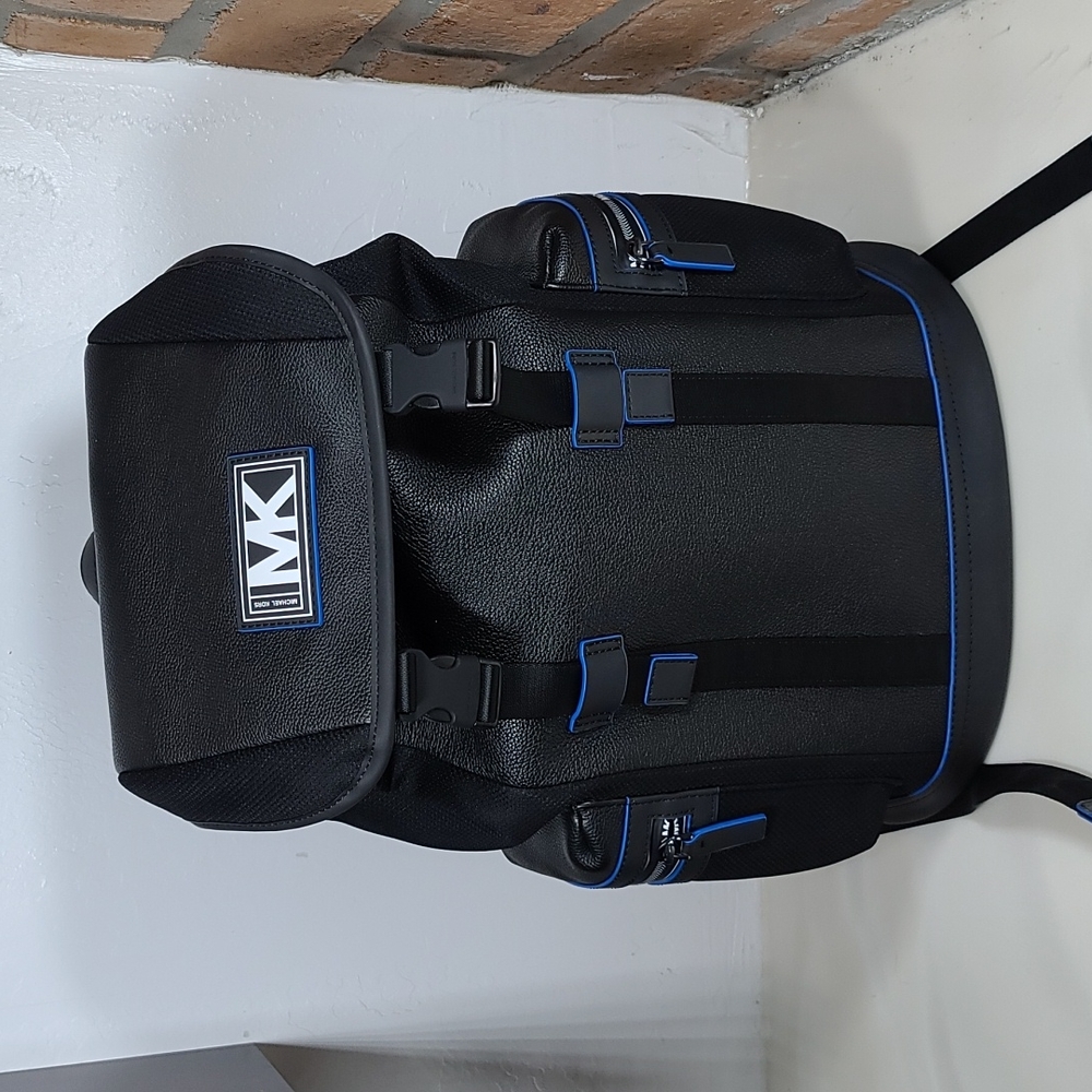 Michael Kors Cooper Leather Backpack – Black/Neon Blue, NWT (MSRP: $598)
